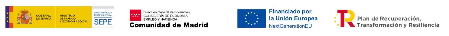 Financiado por la Unión Europea (NextGenerationEU) · Plan de Recuperación, Transformación y Resiliencia · Comunidad de Madrid · SEPE, Gobierno de España
